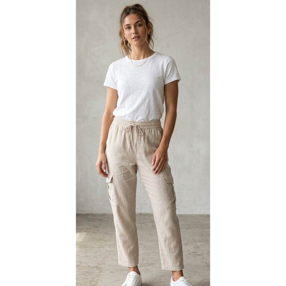 Denim & Flower Linen Cargo Pants Beige Neutral  Coastal Casual Size M